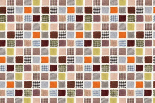 Wallpaper pattern featuring a grid of rectangles in orange, red, green, blue, grey, and beige. Includes plaid and striped designs with delicate interwoven flowers on a textured background. Patchwork appearance.