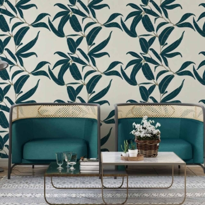 The wallpaper features a bold green botanical pattern with underwater theme elements. It includes shades of teal, emerald, and seaweed greens intertwined with aquatic flora motifs.