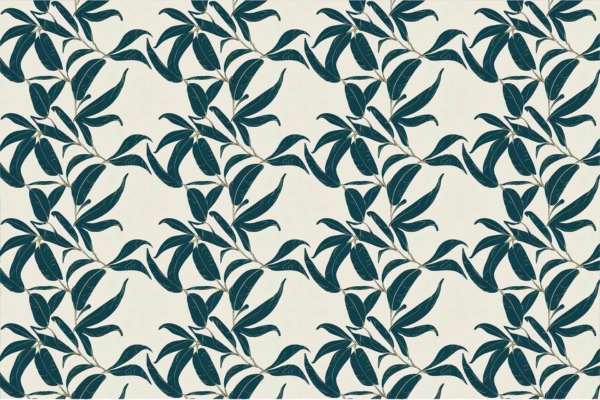 A seamless wallpaper pattern featuring dense, dark green leaves with thin veins. Leaves are arranged in a cascading, overlapping design on a light beige background. The flowing layout gives the effect of a swimmer gliding through water. Elements include natural and organic aesthetics with consistent repetition. Colors include dark green and light beige.