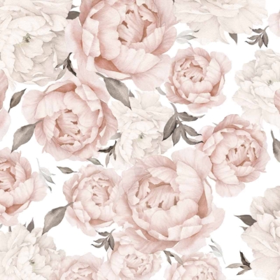 Seamless wallpaper featuring soft pink and white peonies with intricate detailing, complemented by green leaves on a white background. The design is elegant and delicate, reminiscent of Selena's classic style. Ideal for searches involving: pink peonies, white peonies, green leaves, floral wallpaper, seamless pattern.