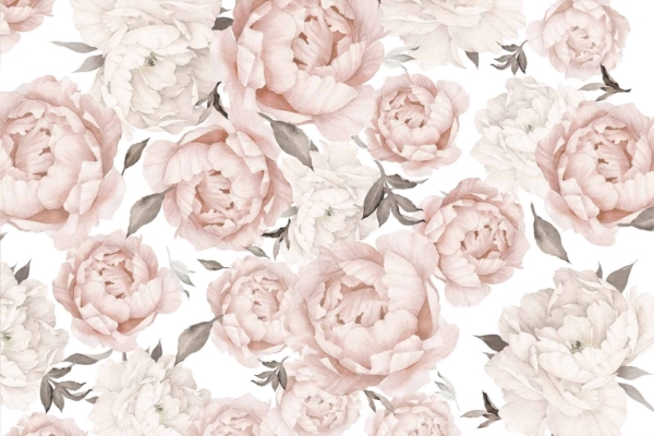 Seamless wallpaper featuring soft pink and white peonies with intricate detailing, complemented by green leaves on a white background. The design is elegant and delicate, reminiscent of Selena's classic style. Ideal for searches involving: pink peonies, white peonies, green leaves, floral wallpaper, seamless pattern.