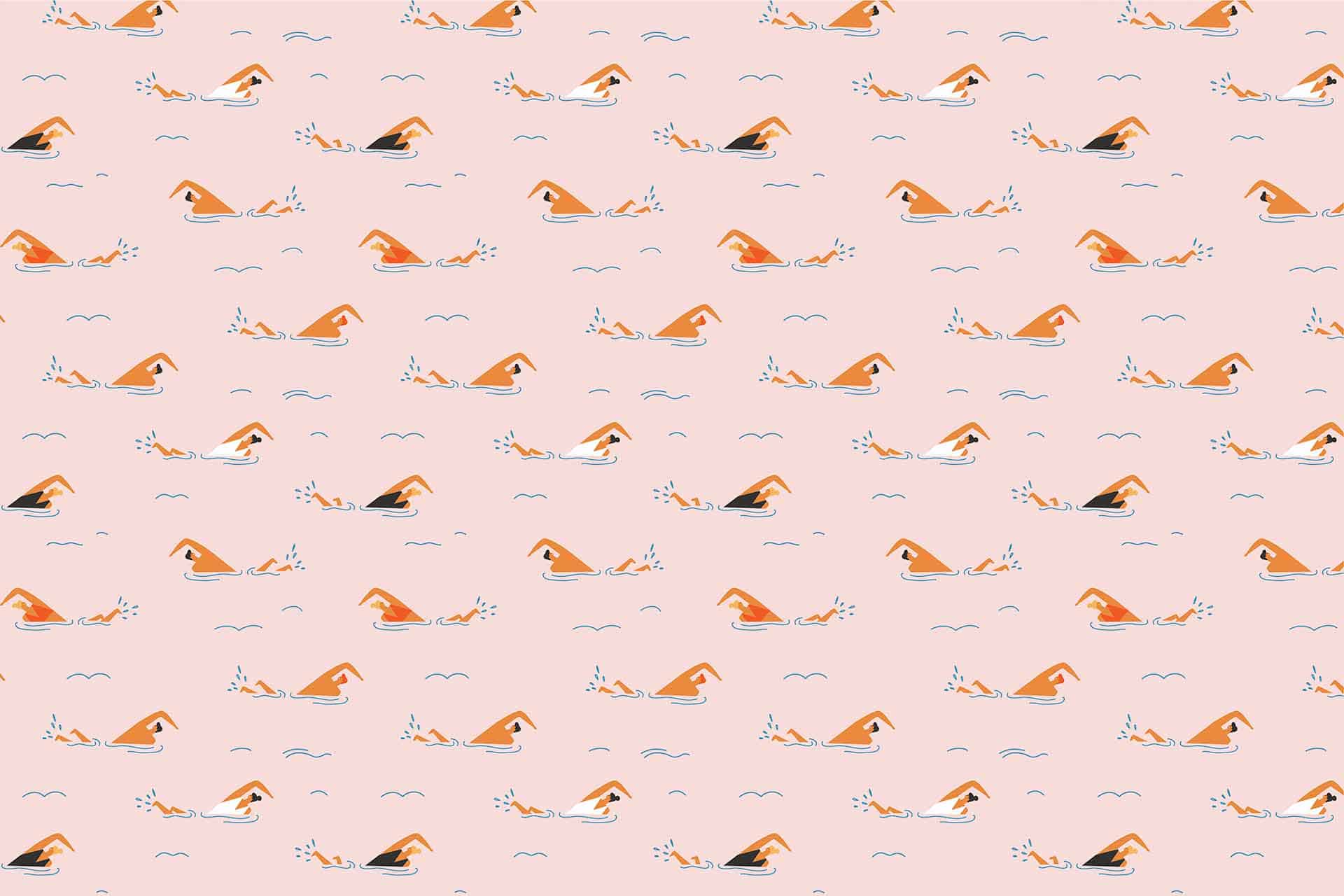 Seamless pattern featuring swimmers in various stages of the freestyle stroke, wearing orange swim caps, surrounded by blue water waves on a light pink background for wallpaper. Elements: swimmers, freestyle stroke, orange swim caps, blue water waves. Colors: orange, blue, light pink.