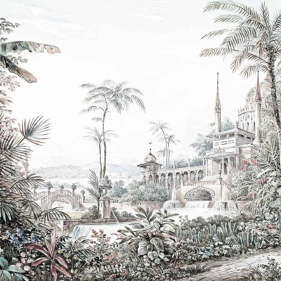 A detailed botanical wallpaper features an exotic garden with lush tropical plants in various shades of green, tall trees with wide canopies, and clusters of colorful wisteria flowers in purples and blues. These vibrant blooms cascade around a grand mansion adorned with intricate spires and elegant arched windows, painted in soft pastels. In the background, mountains rise majestically against a serene sky blending hues of twilight pinks, oranges, and calming blues. The whole scene is designed to evoke an enchanting paradise.

Key elements: exotic garden, tropical plants, colorful wisteria flowers, grand mansion with spires and arched windows.
Colors: green (plants), purple/blue (wisteria), pastel shades (mansion), pink/orange/blue (sky).