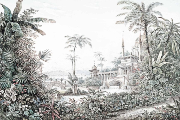 A detailed botanical wallpaper features an exotic garden with lush tropical plants in various shades of green, tall trees with wide canopies, and clusters of colorful wisteria flowers in purples and blues. These vibrant blooms cascade around a grand mansion adorned with intricate spires and elegant arched windows, painted in soft pastels. In the background, mountains rise majestically against a serene sky blending hues of twilight pinks, oranges, and calming blues. The whole scene is designed to evoke an enchanting paradise.

Key elements: exotic garden, tropical plants, colorful wisteria flowers, grand mansion with spires and arched windows.
Colors: green (plants), purple/blue (wisteria), pastel shades (mansion), pink/orange/blue (sky).