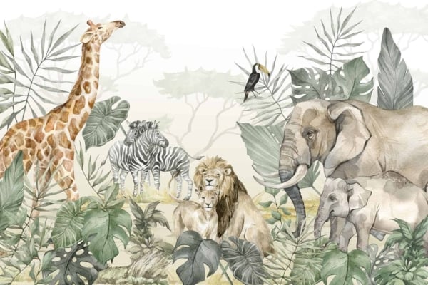 Illustration of African Animals in Lush Jungle Wallpaper:
- **Giraffe**: Tall, with an elongated neck.
- **Zebras**: Two, standing close together with black and white stripes.
- **Lion and Cub**: Resting comfortably on the ground.
- **Elephant and Calf**: Standing nearby, large grey bodies.
- **Bird on Branch**: Small, perched calmly.

Background:
- **Large Leaves**: Green foliage throughout.
- **Trees**: Towering trunks and branches.

Colors:
- Dominant greens (leaves, trees)
- Earthy browns (tree trunks)
- Animal-specific colors (yellow-brown for giraffe, black & white for zebras, tan for lion)

Details to Highlight:
"Lush green jungle," "African animals," "tall giraffe," "zebra pair," "lion with cub," "elephant family," "perched bird.