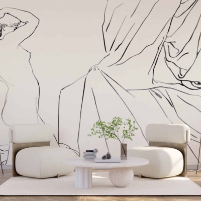 Minimalist living room wallpaper featuring elegant, large line art with abstract human figures in the process of undress and draped fabric. Dominant colors include soft beige, muted gray, and subtle black lines.