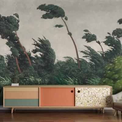 Large mural, windswept trees, foliage, nature-inspired, green leaves, brown tree trunks, scenic landscape.