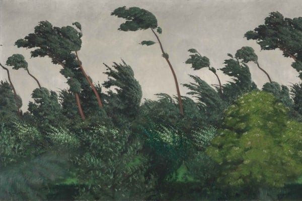 A forest landscape wallpaper featuring tall trees bending dramatically to the left, evoking strong winds. The sky is gray and overcast, contributing to a stormy atmosphere. Dense green foliage fills the foreground, adding lushness and depth.