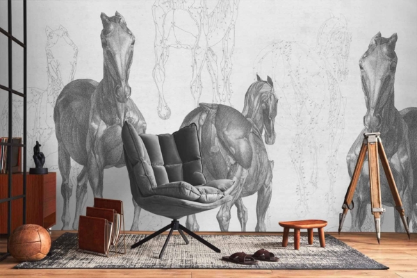 The wallpaper features anatomically detailed horses in muted earth tones, including shades of brown, beige, and cream. The intricate design adds a sense of fantastical journey to the room.