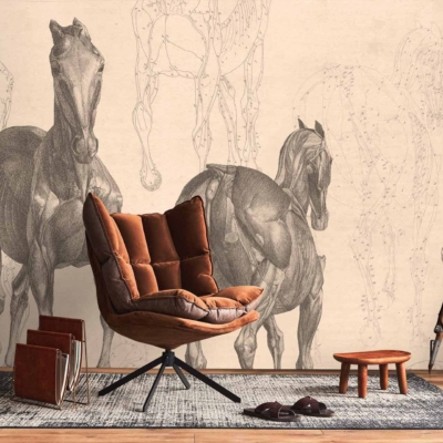 The abstract horse-themed mural in the cozy living room features dynamic, fluid lines and vivid colors like deep blues, earthy browns, and vibrant yellows. Swirling patterns evoke a sense of movement and a fantastical journey. Hints of green and soft pastels accentuate the mural, creating an ethereal ambiance.