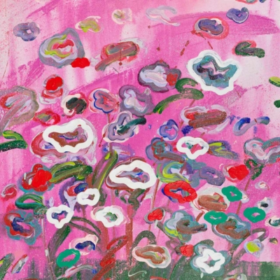 Abstract floral painting featuring a dynamic background of pinks, purples, and greens. The wallpaper showcases vibrant reds, pinks, and whites with bold brushstrokes for an energetic feel.