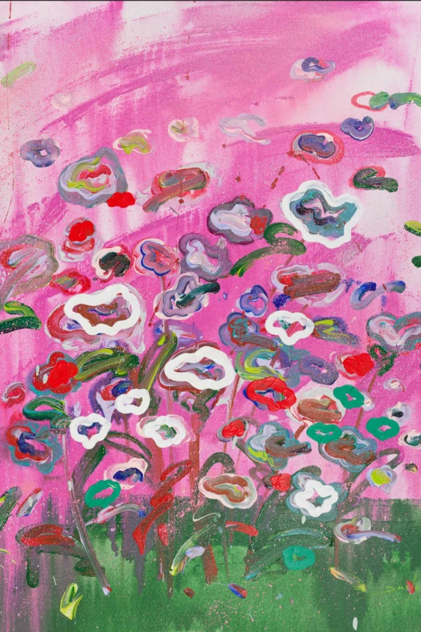 Abstract floral painting featuring a dynamic background of pinks, purples, and greens. The wallpaper showcases vibrant reds, pinks, and whites with bold brushstrokes for an energetic feel.