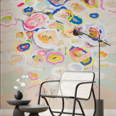 The pastel-colored wall mural features abstract floral designs incorporating soft hues such as blush pink, mint green, lavender, and subtle gold accents. The flowing patterns and stylized botanical forms create a delicate and modern aesthetic ideal for enhancing a living area with artistic charm.