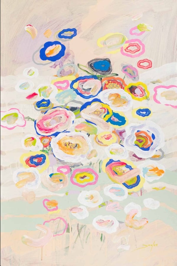 Abstract wallpaper featuring a bouquet of flowers with circular petals in vivid hues of blue, yellow, pink, and white against a soft pastel background. Loose brushstrokes create a whimsical feel.
