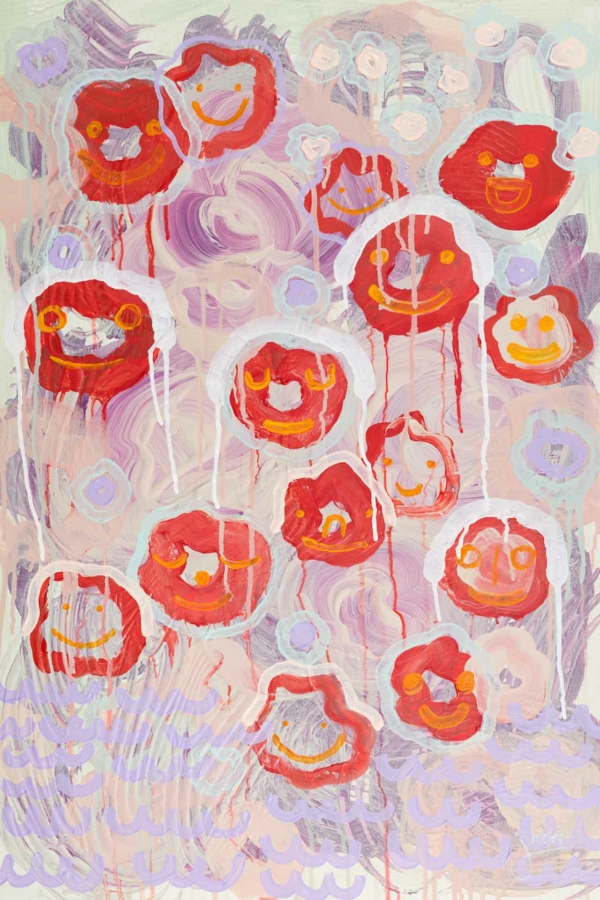 A vibrant painting with numerous red, abstract flower-like shapes on a pastel background of lavender, light green, and beige. The flowers have smiling faces, some dripping white and red paint. Surrounded by smaller purple flowers.