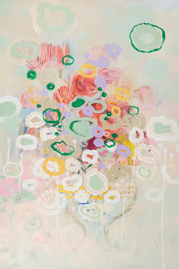 The wallpaper showcases a vibrant bouquet of flowers featuring an array of white, pink, yellow, red, and purple blooms. Various shapes and dynamic brushstrokes create depth and fluidity against a soft pastel-colored background. The design exudes a lively yet delicate ambiance with its rich floral elements and airy backdrop.