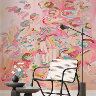 Vibrant abstract wallpaper in pink and multicolor with dynamic patterns and rich hues. Key elements include bold splashes, geometric shapes, and intricate designs in varying shades of pink, blue, yellow, green, and purple.