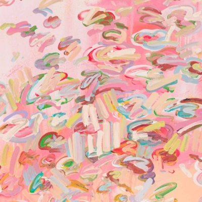 Abstract wallpaper features vibrant pink, turquoise, green, yellow, and red brushstrokes. Dynamic swirling patterns with overlapping shapes create a sense of movement and energy against a primarily pink backdrop.