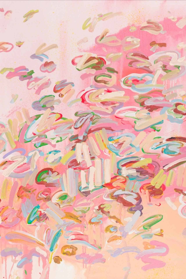 Abstract wallpaper features vibrant pink, turquoise, green, yellow, and red brushstrokes. Dynamic swirling patterns with overlapping shapes create a sense of movement and energy against a primarily pink backdrop.