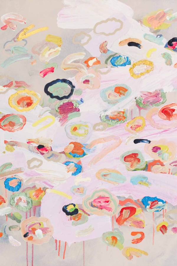 Abstract painting wallpaper with vibrant brushstrokes in pink, blue, yellow, green, and black. Dynamic composition with swirling shapes, dots, and smears against a neutral background. Chaotic yet harmonious pattern.