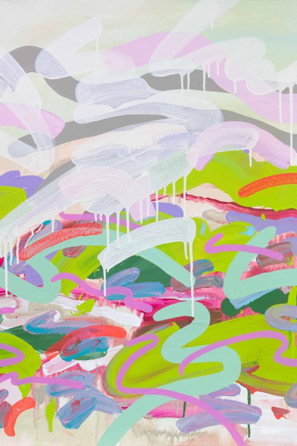 Vibrant abstract wallpaper with layers of swirling colors in pink, green, blue, and white. Features dynamic brushstrokes and dripping paint. Energetic and playful feel with a sense of movement and depth.