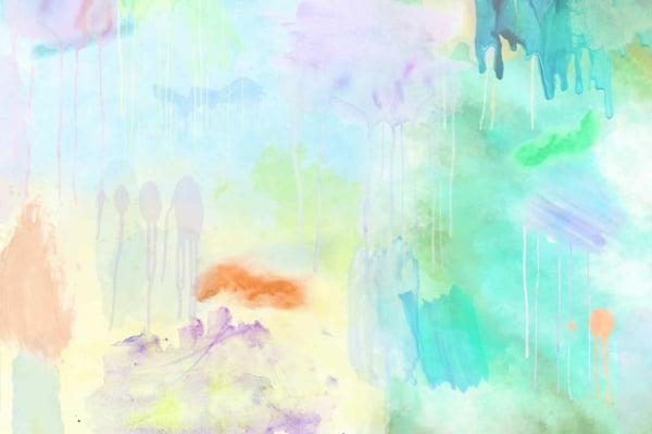 Abstract watercolor wallpaper featuring soft pastel colors with shades of green, blue, purple, and peach. Fluid paint drips and delicate brushstrokes create a dreamy effect. The design evokes joy and pride with its vibrant yet soothing hues. Perfect for adding a gentle pop of color to any space.