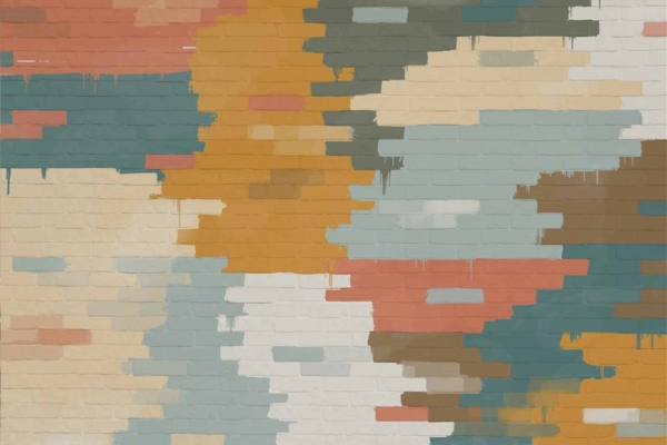 Brick wall wallpaper: abstract, multicolored pattern featuring blocks of orange, blue, green, beige, and brown. Irregular fragmented arrangement with paint drips at the edges. Hint of Clivia orange blooms like a hidden flower.