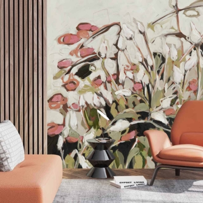Abstract mural, floral design, white hues, pink hues.