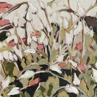 Wallpaper: Impressionistic painting. Features: White petals, pink buds, green leaves. Background: Muted tones. Style: Bold, expressive brushstrokes; textured and vibrant depiction. Floral arrangement focus.
