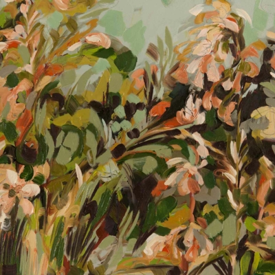 An abstract wallpaper showcasing a vibrant, chaotic mix of greens, browns, whites, and pinks. It features bold and expressive brushstrokes that create an impressionistic lush garden scene with flowers and foliage. The design highlights movement and texture in the depiction of the natural elements.