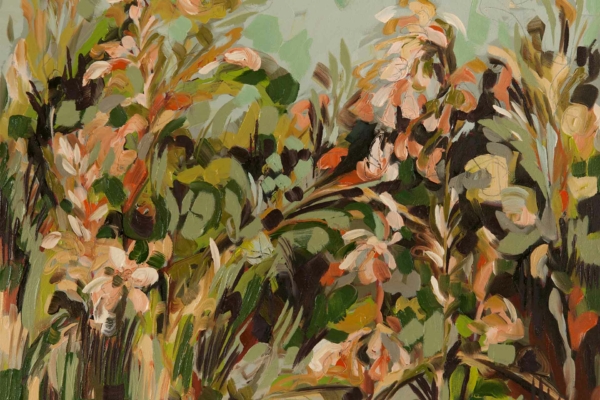 An abstract wallpaper showcasing a vibrant, chaotic mix of greens, browns, whites, and pinks. It features bold and expressive brushstrokes that create an impressionistic lush garden scene with flowers and foliage. The design highlights movement and texture in the depiction of the natural elements.
