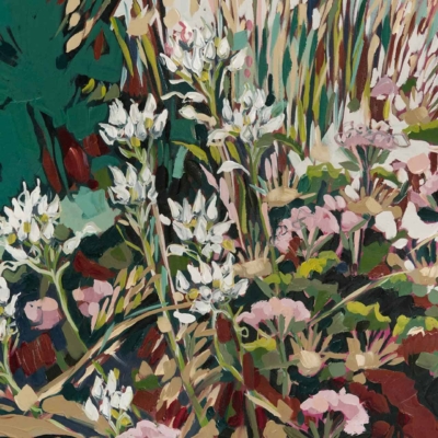 The wallpaper features a lush garden scene with white and pale pink flowers among green foliage. The design is dense, showcasing various plants and flowers with broad strokes and rich colors. Hints of blue and dark green add depth to the background. Vibrant, floral, greenery, textured strokes, rich hues.