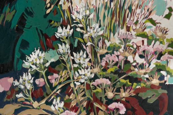 The wallpaper features a lush garden scene with white and pale pink flowers among green foliage. The design is dense, showcasing various plants and flowers with broad strokes and rich colors. Hints of blue and dark green add depth to the background. Vibrant, floral, greenery, textured strokes, rich hues.
