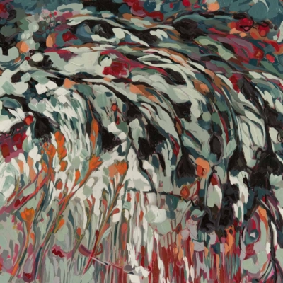 An abstract wallpaper featuring swirling patterns of green, white, red, and orange. Brushstrokes create dynamic movement similar to foliage and water. Bold contrasting colors add depth and energy. Perfect for adding a vibrant, natural touch to any space.