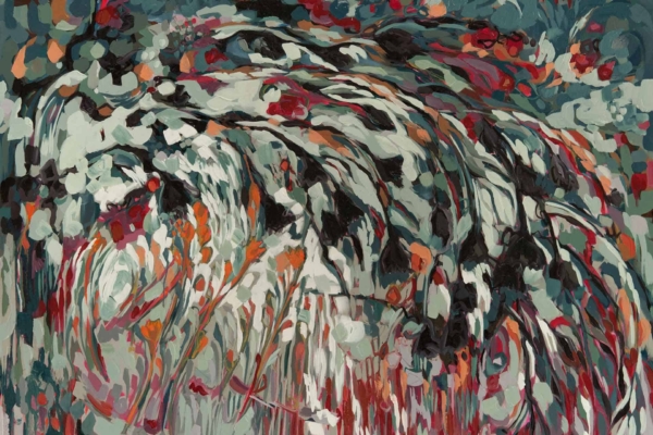 An abstract wallpaper featuring swirling patterns of green, white, red, and orange. Brushstrokes create dynamic movement similar to foliage and water. Bold contrasting colors add depth and energy. Perfect for adding a vibrant, natural touch to any space.