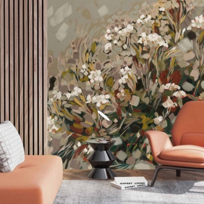 The wallpaper showcases a large, vibrant floral pattern with rich orange tones, hints of gray and white accents, set against a modern warm backdrop. Perfect for creating an inviting atmosphere in contemporary living spaces.