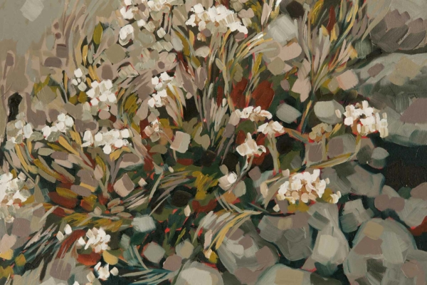 The wallpaper showcases a detailed painting of a floral arrangement featuring a cluster of white flowers interwoven with green leaves and stems. Broad, textured brushstrokes blend various shades including vibrant greens, earthy browns, and pristine whites to vividly capture the natural elegance of the scene. Key elements include white flowers, green leaves, intertwining stems, broad brushstrokes, and a palette that melds green, brown, and white hues.