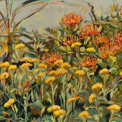 A vibrant wallpaper showcases a colorful garden with yellow and orange flowers. Lush green leaves and stems surround the blooms, creating a lively, textured scene. The background features softly blended colors, suggesting a natural outdoor setting. Key elements: yellow flowers, orange flowers, lush green leaves, lively texture, natural outdoor backdrop.
