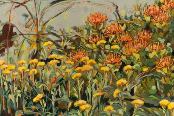 A vibrant wallpaper showcases a colorful garden with yellow and orange flowers. Lush green leaves and stems surround the blooms, creating a lively, textured scene. The background features softly blended colors, suggesting a natural outdoor setting. Key elements: yellow flowers, orange flowers, lush green leaves, lively texture, natural outdoor backdrop.