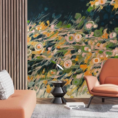 Abstract floral wall mural featuring large, overlapping petals in vibrant hues of orange and pink. Accents include subtle green leaves and intricate white line details. A mix of bold and pastel tones creates a dynamic, artistic backdrop with fluid shapes and soft gradients. The mural adds a lively yet elegant touch to the modern living room decor.