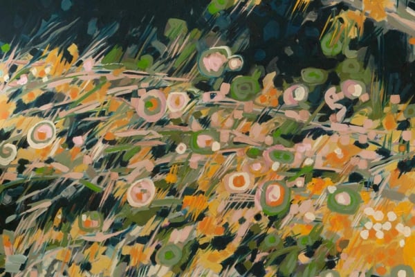 An abstract wallpaper featuring a dynamic mix of swirling shapes and colors, including green, pink, orange, and yellow. The composition evokes chaotic movement reminiscent of flowers and foliage in a breeze.