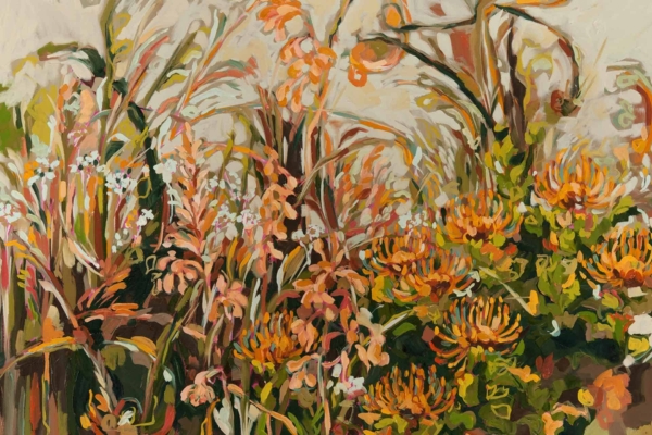 Wallpaper displays vibrant painting featuring abstract garden elements. Dominant colors include orange, pink, yellow flowers, and green foliage. Energetic brushstrokes enhance dynamic atmosphere with vivid hues and sense of movement throughout the scene.