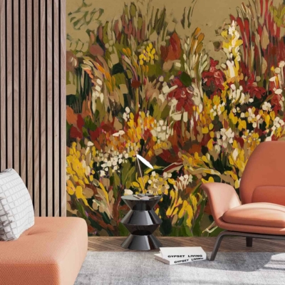 Vibrant floral mural with bold flowers, leaves, and vines. Colors include shades of red, pink, yellow, orange, green, blue, and white on a contrasting background.