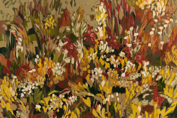 Wallpaper featuring vibrant, abstract wildflowers. Dynamic composition with yellow, red, white, and green hues. Bold and expressive brushstrokes create a lively floral scene against a muted background.
