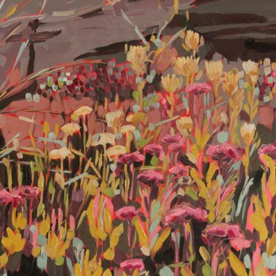 Wallpaper features a vibrant garden in full bloom with colorful flowers and plants. Dominant colors include shades of pink, yellow, and green against a dark background. Abstract brushstrokes and expressive hues create a dynamic, lively composition.