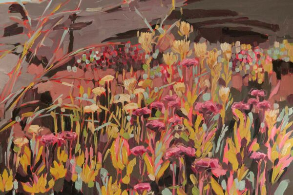 Wallpaper features a vibrant garden in full bloom with colorful flowers and plants. Dominant colors include shades of pink, yellow, and green against a dark background. Abstract brushstrokes and expressive hues create a dynamic, lively composition.
