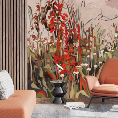 The wallpaper features vibrant red and green floral patterns.