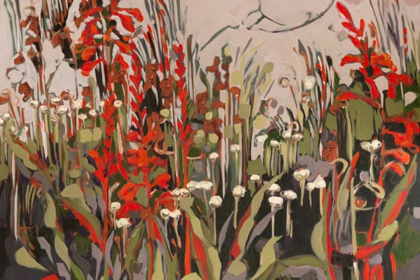 This wallpaper showcases tall red and white flowers with lush green leaves, set against a neutral background. Subtle abstract shapes enhance the vivid colors of the flora. Lively, textured brushstrokes add depth and movement to the scene.