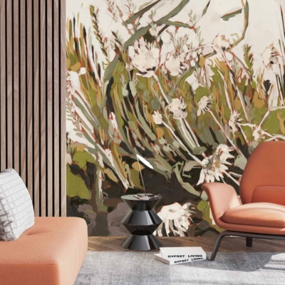 The wallpaper features a vibrant, nature-inspired design with lush green foliage, colorful tropical flowers in pinks and oranges, and playful birds in shades of blue and red.