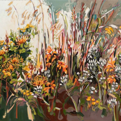 Vibrant abstract painting wallpaper. Garden scene with plants and flowers. Colors: orange, yellow, green, white. Background: earthy and neutral tones. Bold, dynamic brushstrokes; sense of movement and energy.
